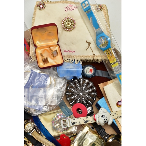 114 - A BOX OF ASSORTED COSTUME JEWELLERY AND ITEMS, to include various beaded necklaces, imitation pearls... 