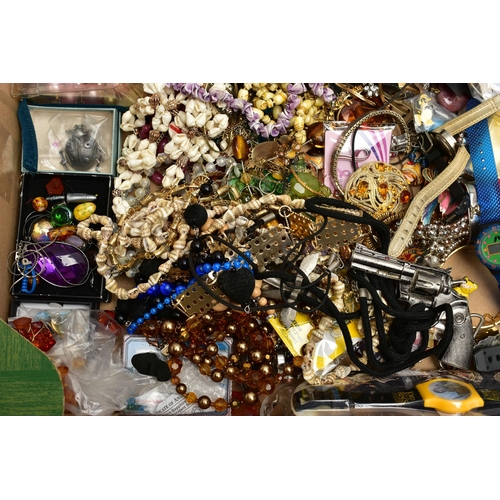 114 - A BOX OF ASSORTED COSTUME JEWELLERY AND ITEMS, to include various beaded necklaces, imitation pearls... 