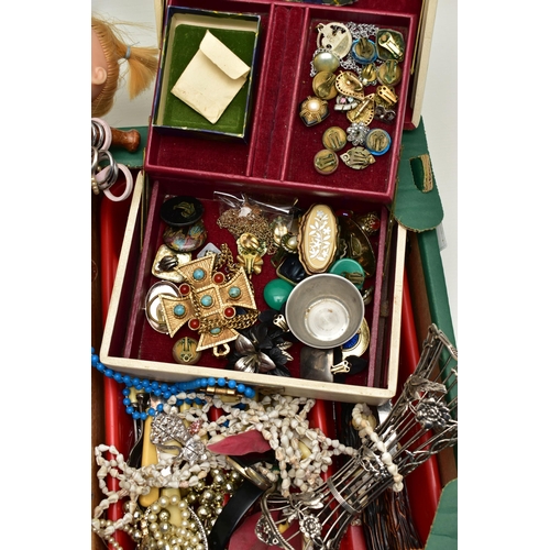 115 - A BOX OF ASSORTED ITEMS, to include a cream jewellery box with contents of costume jewellery, two wo... 