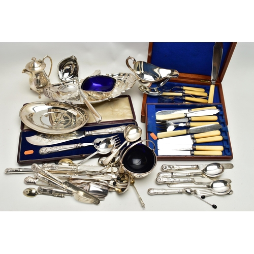 116 - A BOX OF ASSORTED WHITE METAL WARE, to include a small wooden canteen containing an eight person tab... 