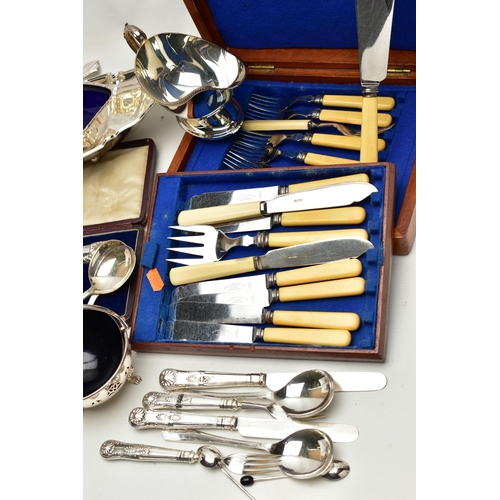 116 - A BOX OF ASSORTED WHITE METAL WARE, to include a small wooden canteen containing an eight person tab... 