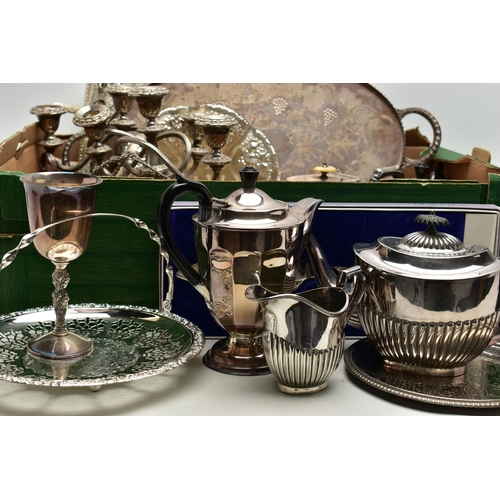 117 - A BOX OF ASSORTED WHITE METAL WARE, to include two trays, a pair of candelabras, a sugar caster, a p... 