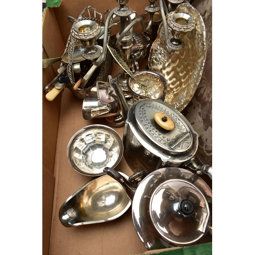 117 - A BOX OF ASSORTED WHITE METAL WARE, to include two trays, a pair of candelabras, a sugar caster, a p... 