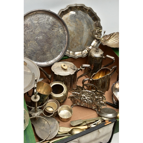 118 - A BOX OF ASSORTED WHITE METAL WARE, to include four trays, a tea pot and matching AF sugar pot, two ... 