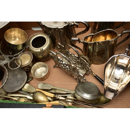 118 - A BOX OF ASSORTED WHITE METAL WARE, to include four trays, a tea pot and matching AF sugar pot, two ... 