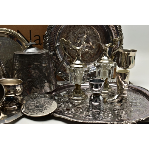 119 - A BOX OF ASSORTED WHITE METAL WARE, to include trays, teapots, posy vases, goblets, tankard, toast r... 