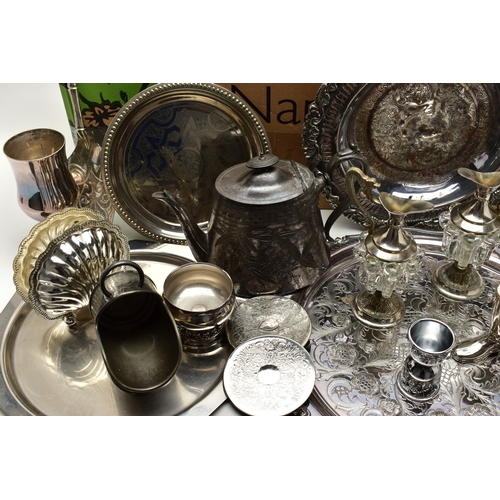 119 - A BOX OF ASSORTED WHITE METAL WARE, to include trays, teapots, posy vases, goblets, tankard, toast r... 