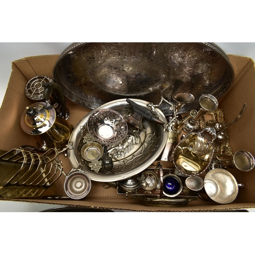 119 - A BOX OF ASSORTED WHITE METAL WARE, to include trays, teapots, posy vases, goblets, tankard, toast r... 