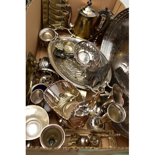 119 - A BOX OF ASSORTED WHITE METAL WARE, to include trays, teapots, posy vases, goblets, tankard, toast r... 