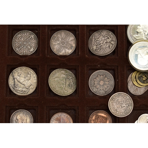 121 - A TRAY CONTAINING AMOUNTS OF MAINLY SILVER CONTENT COINAGE, to include an 1887 Double Florin (Roman ... 