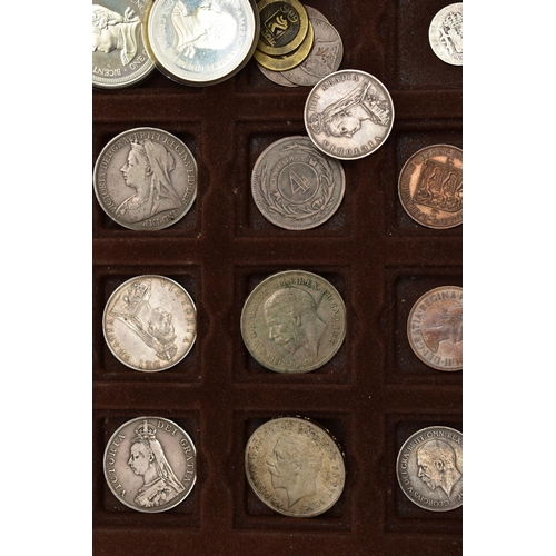 121 - A TRAY CONTAINING AMOUNTS OF MAINLY SILVER CONTENT COINAGE, to include an 1887 Double Florin (Roman ... 