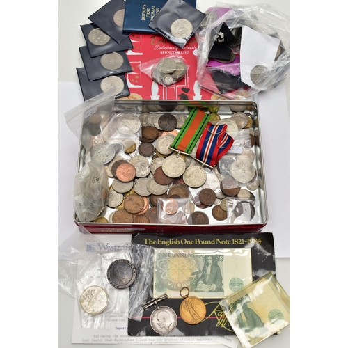 123 - A SHORTBREAD TIN CONTAINING COIN AND MEDALS, to include a Victoria 1890 crown coin, other Silver con... 