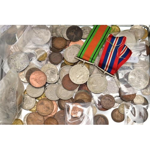 123 - A SHORTBREAD TIN CONTAINING COIN AND MEDALS, to include a Victoria 1890 crown coin, other Silver con... 