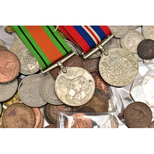 123 - A SHORTBREAD TIN CONTAINING COIN AND MEDALS, to include a Victoria 1890 crown coin, other Silver con... 