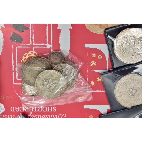 123 - A SHORTBREAD TIN CONTAINING COIN AND MEDALS, to include a Victoria 1890 crown coin, other Silver con... 