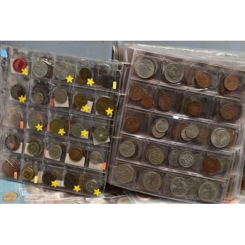 130 - A HEAVY BOX CONTAINING MIXED COINAGE, to include three coin albums some containing Silver, other sil... 