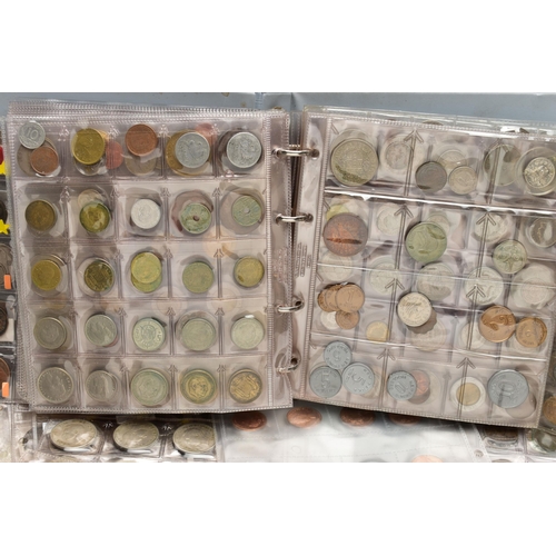 130 - A HEAVY BOX CONTAINING MIXED COINAGE, to include three coin albums some containing Silver, other sil... 