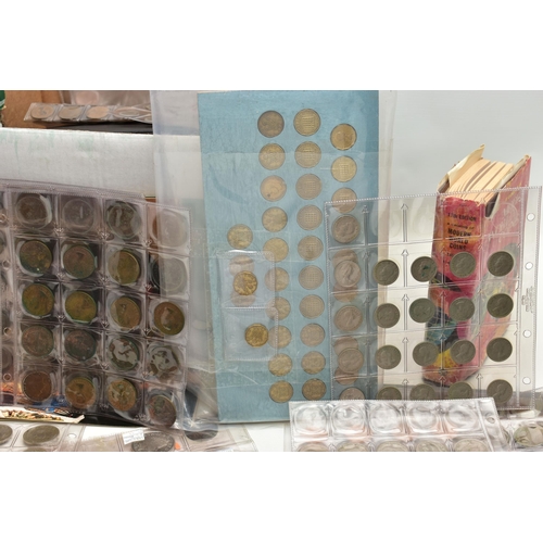 130 - A HEAVY BOX CONTAINING MIXED COINAGE, to include three coin albums some containing Silver, other sil... 