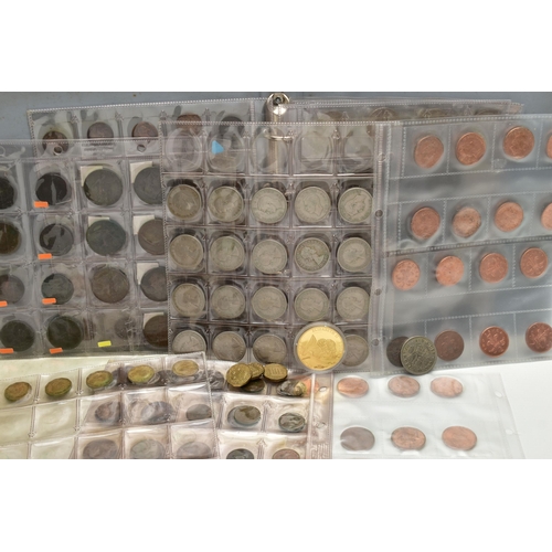 130 - A HEAVY BOX CONTAINING MIXED COINAGE, to include three coin albums some containing Silver, other sil... 