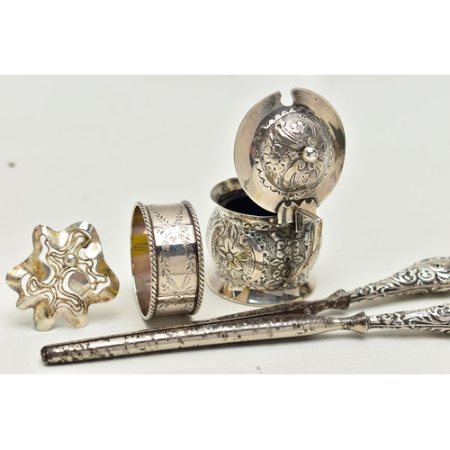 155 - FOUR SMALL PIECES OF SILVER, comprising a late Victorian mustard with floral repoussé decoration and... 