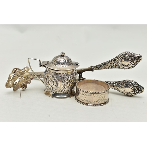 155 - FOUR SMALL PIECES OF SILVER, comprising a late Victorian mustard with floral repoussé decoration and... 