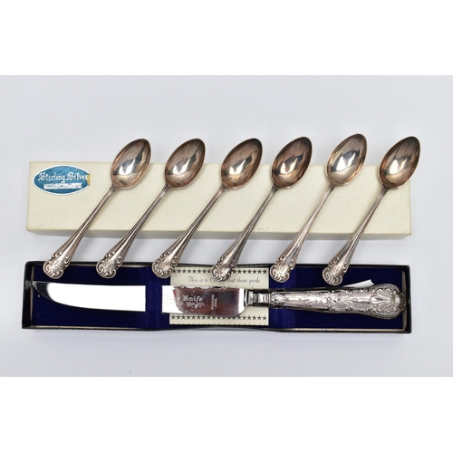 156 - A BOXED ELIZABETH II SILVER HANDLED CAKE KNIFE AND A SET OF SIX GEORGE V SILVER COFFEE SPOONS, the k... 