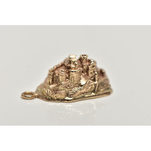 19 - A 9CT GOLD CHARM, a yellow gold charm of Edinburgh castle, hallmarked 9ct London, approximate gross ... 