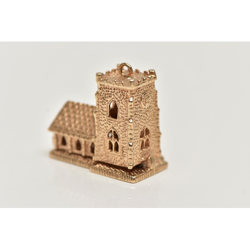 20 - A 9CT GOLD CHARM, yellow gold charm of a church, hinged base, opens to reveal a wedding, hallmarked ... 