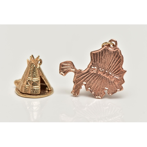 24 - TWO 9CT GOLD CHARMS, the first a yellow gold charm of a tipi with a hinged base revealing a native A... 