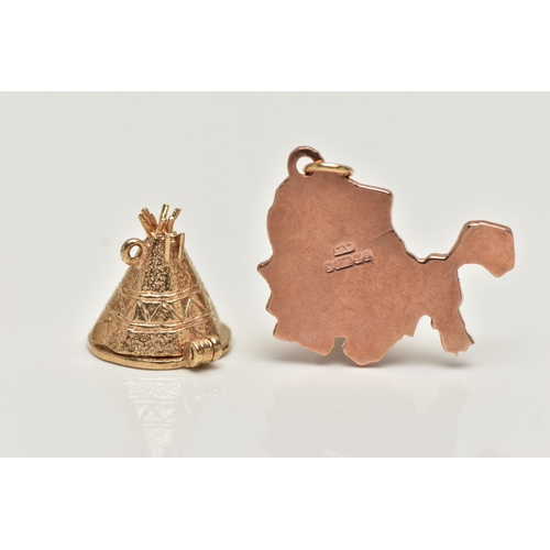 24 - TWO 9CT GOLD CHARMS, the first a yellow gold charm of a tipi with a hinged base revealing a native A... 