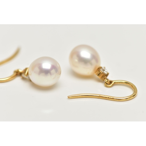 26 - A PAIR OF 18CT GOLD CULTURED PEARL EARRINGS, white cultured pearls with a pink hue, approximate widt... 