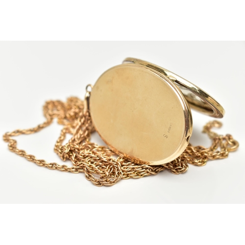 30 - A 9CT GOLD LOCKET PENDANT, yellow gold oval locket embossed with a foliage pattern, approximate leng... 