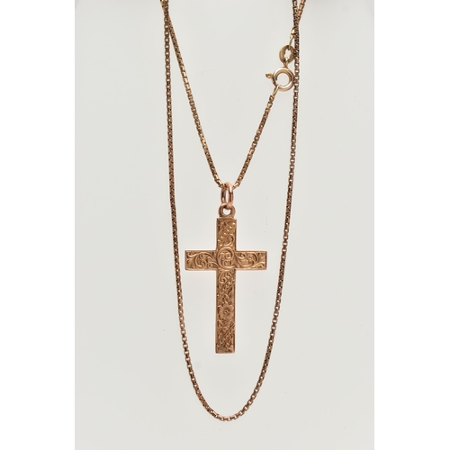 34 - A 9CT GOLD PENDANT AND CHAIN, a rose gold cross pendant with floral and foliage engraved detail, hal... 