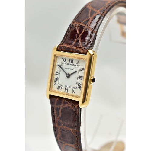 40 - A LADIES 18CT GOLD 'JEAN RENET' WRISTWATCH, hand wound movement, square dial, signed 'Jean Renet', R... 