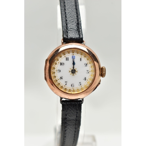 41 - A EARLY 20TH CENTURY 9CT GOLD WRISTWATCH, hand wound movement, round dial, Arabic numerals, polished... 