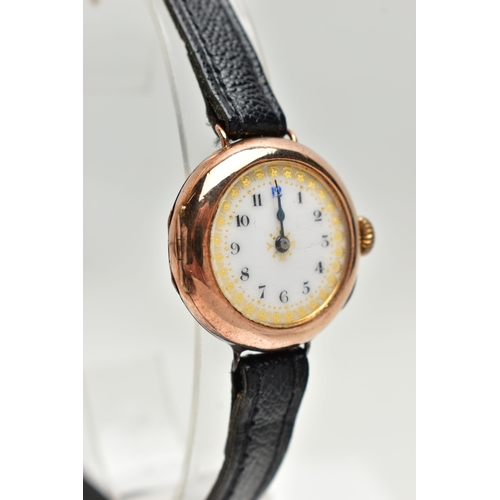 41 - A EARLY 20TH CENTURY 9CT GOLD WRISTWATCH, hand wound movement, round dial, Arabic numerals, polished... 