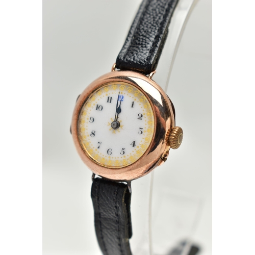 41 - A EARLY 20TH CENTURY 9CT GOLD WRISTWATCH, hand wound movement, round dial, Arabic numerals, polished... 