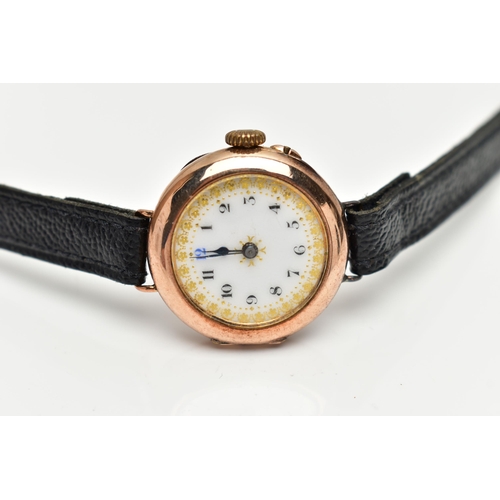 41 - A EARLY 20TH CENTURY 9CT GOLD WRISTWATCH, hand wound movement, round dial, Arabic numerals, polished... 