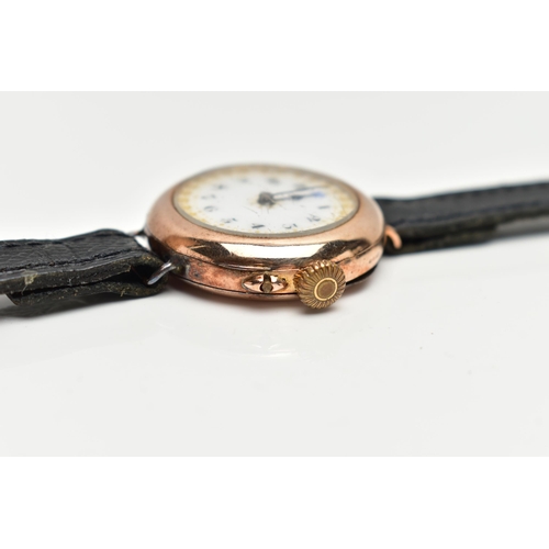 41 - A EARLY 20TH CENTURY 9CT GOLD WRISTWATCH, hand wound movement, round dial, Arabic numerals, polished... 