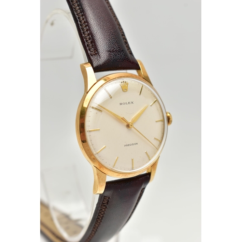 43 - AN 18CT GOLD GENTS 'ROLEX, PRECISION' WRISTWATCH, hand wound movement, round dial, signed 'Rolex' ba... 