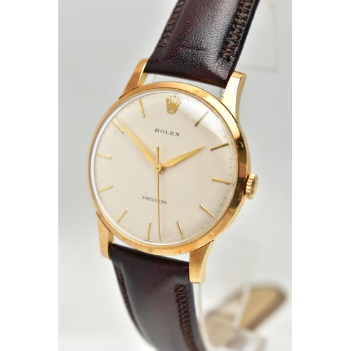 43 - AN 18CT GOLD GENTS 'ROLEX, PRECISION' WRISTWATCH, hand wound movement, round dial, signed 'Rolex' ba... 