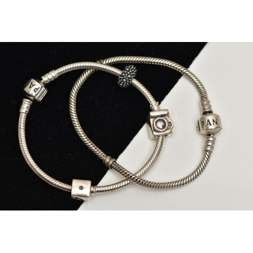 45 - TWO PANDORA CHARM BRACELETS, each snake bracelet is fitted with a hinged barrel clasp signed 'Pandor... 