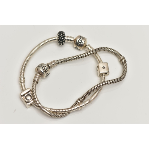 45 - TWO PANDORA CHARM BRACELETS, each snake bracelet is fitted with a hinged barrel clasp signed 'Pandor... 