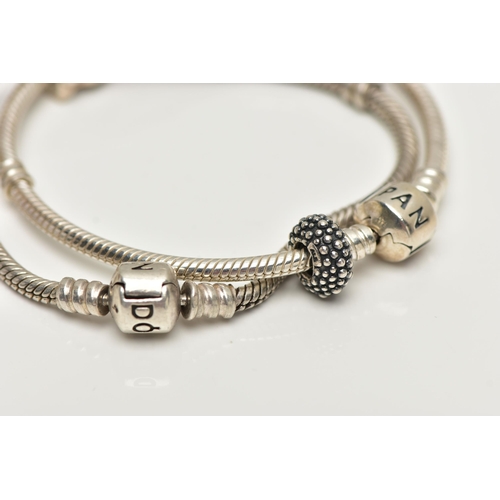 45 - TWO PANDORA CHARM BRACELETS, each snake bracelet is fitted with a hinged barrel clasp signed 'Pandor... 