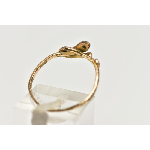 47 - A GOLD PLATED SNAKE RING, coiled snake set with a colourless cubic zirconia to the head, unmarked, r... 