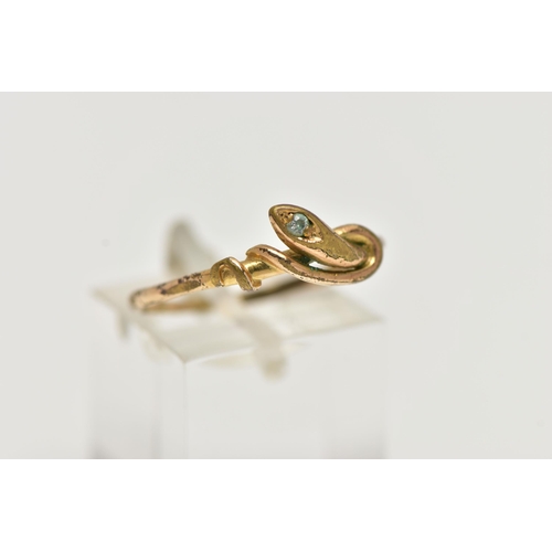 47 - A GOLD PLATED SNAKE RING, coiled snake set with a colourless cubic zirconia to the head, unmarked, r... 