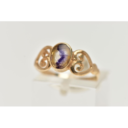 50 - A 9CT GOLD BLUE JOHN FLUORITE RING, designed with an oval blue john fluorite cabochon, collet set, o... 