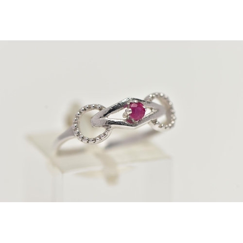 53 - A 9CT WHITE GOLD RUBY RING, designed with a claw set, circular cut ruby, in an openwork mount leadin... 