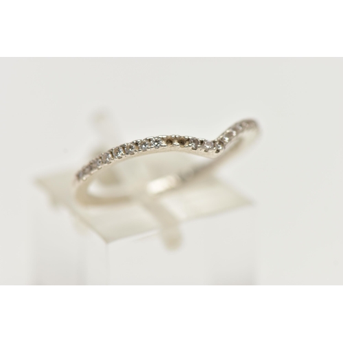 61 - A WHITE  METAL WISHBONE RING, set with small colourless cubic zirconia (two stones are missing), sta... 