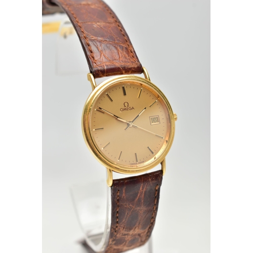 63 - A GENTS 18CT GOLD 'OMEGA' QUARTZ WRISTWATCH, round gold dial signed 'Omega', baton markers, date win... 